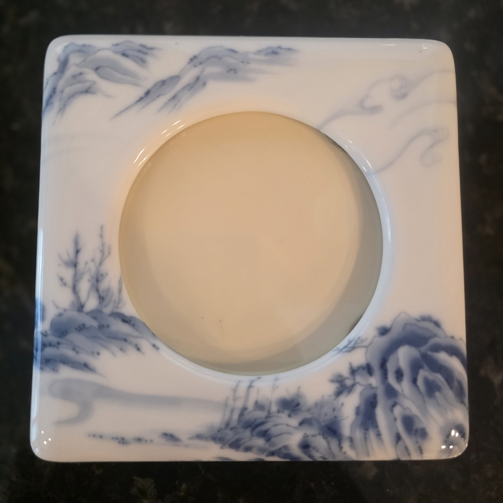 Vtg Shibata Japan Handpainted Blue Motif Ceramic 5" Sq Picture Bakelite Frame